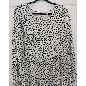 Umgee Size Large Tiered Tunic Dress Boho Black White Long Ruffle Sleeves